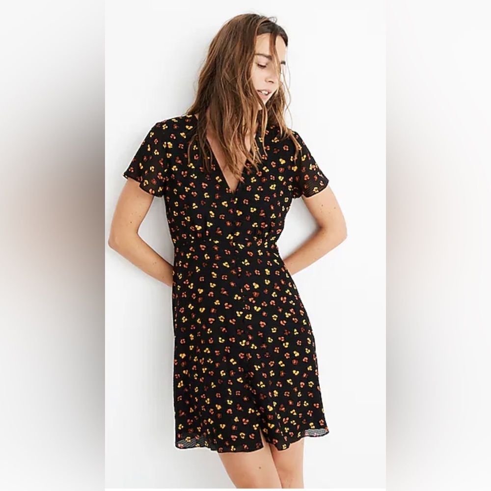 Madewell Silk Black Button-Front Swing Dress in Feline Floral V neck
